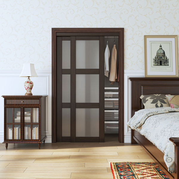 Home Worthy 3 Lite Tempered Frosted Glass Ancient Wood Color Sliding